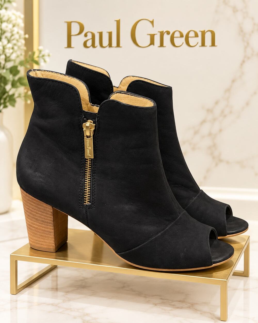 Paul Green Cayanne Black Leather Peep Toe Booties UK 6 US 8.5